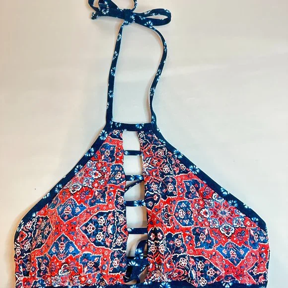 Lucky Brand Navy/Coral Festival Medallion Reversible High Neck Bikini Top - XS/S - Picture 6 of 8